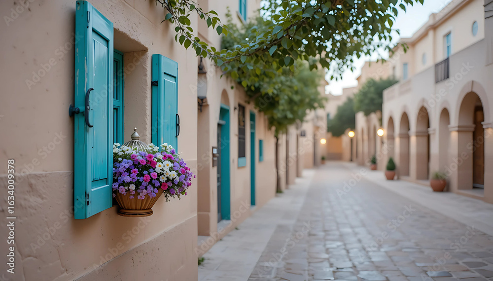 Fototapeta premium narrow street in old town of jerusalem with stone buildings flowers and traditional architecture