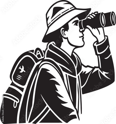 Explorer with Binoculars and Backpack traveler adventurer