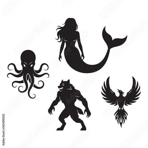 Vector art of mythological creatures silhouette collection isolated on white background