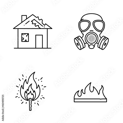 Collection of Wildfires-themed icons, including Burnt house, gas mask, fire spark, firebreak line