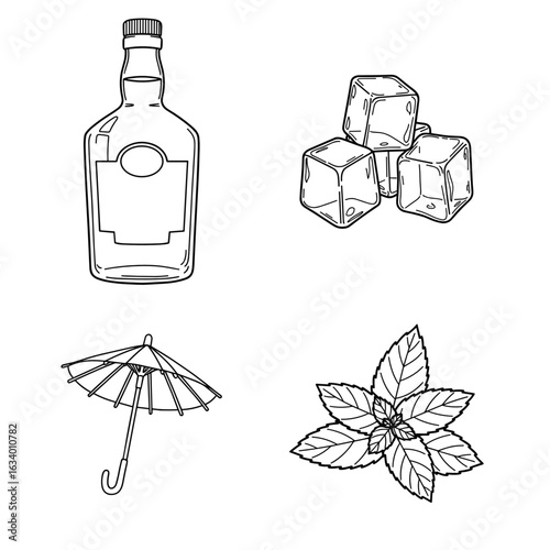 Collection of Cocktail Receipt-themed icons, including Whiskey bottle, ice cubes, cocktail umbrella, mint leaves