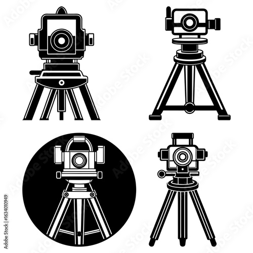 Illustration featuring four black and white theodolite surveying instruments on tripods in different styles
