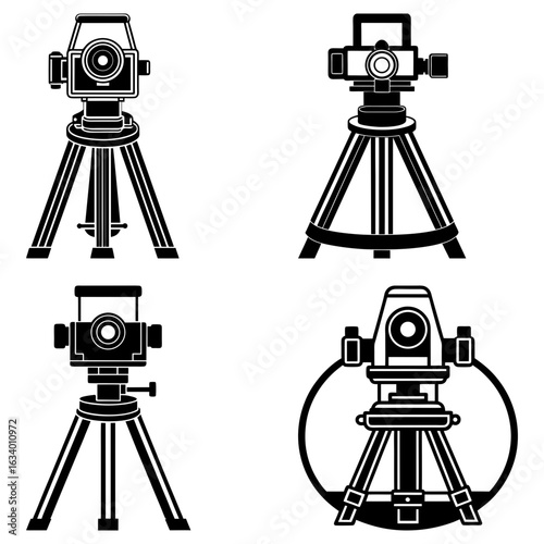 Illustration of four theodolites on tripods in black and white surveying equipment for land measurement 100