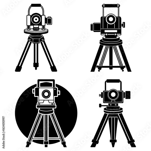 Illustration of four theodolites on tripods in black and white showcasing surveying equipment and precision tools