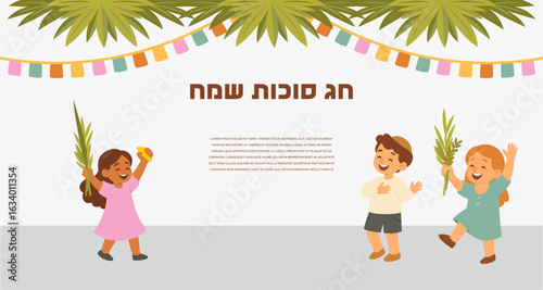 Kids building a booth for Sukkot and hanging decorations. Happy Jewish holiday Sukkot in Hebrew. Jewish children dancing Hasidic dance celebrating Sukkot and Simchat Torah 