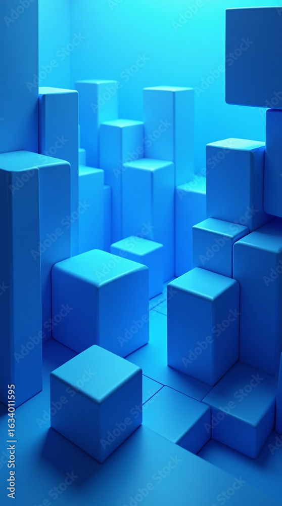 Obraz premium 3D abstract scene of layered blue cubes with smooth surfaces, forming a seamless, structured geometric field.