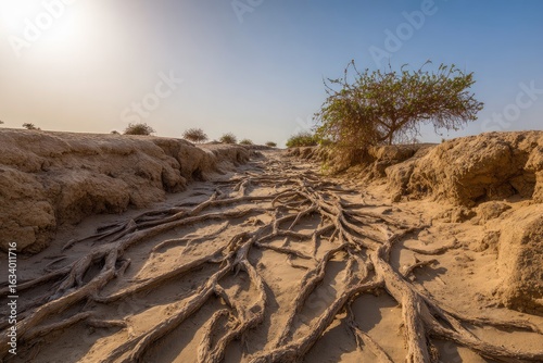 Desert path with exposed roots.  Sunlight illuminates a dried, sandy path, with extensive root systems crisscrossing the ground. A small, scrubby plant is situated at the path's end
