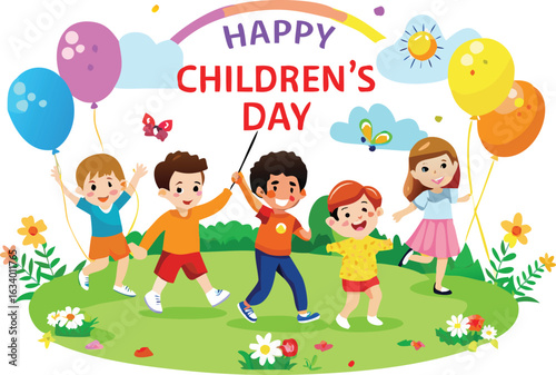 Vibrant scene of children celebrating with balloons, set against a cheerful background for Children's Day