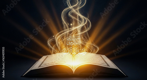 The holy quran open with divine light and energy