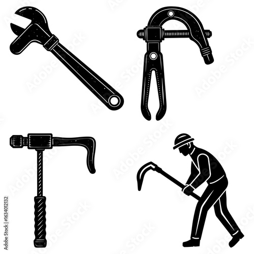 Illustration of various hand tools including a wrench, clamp, hammer, and worker with scythe tool