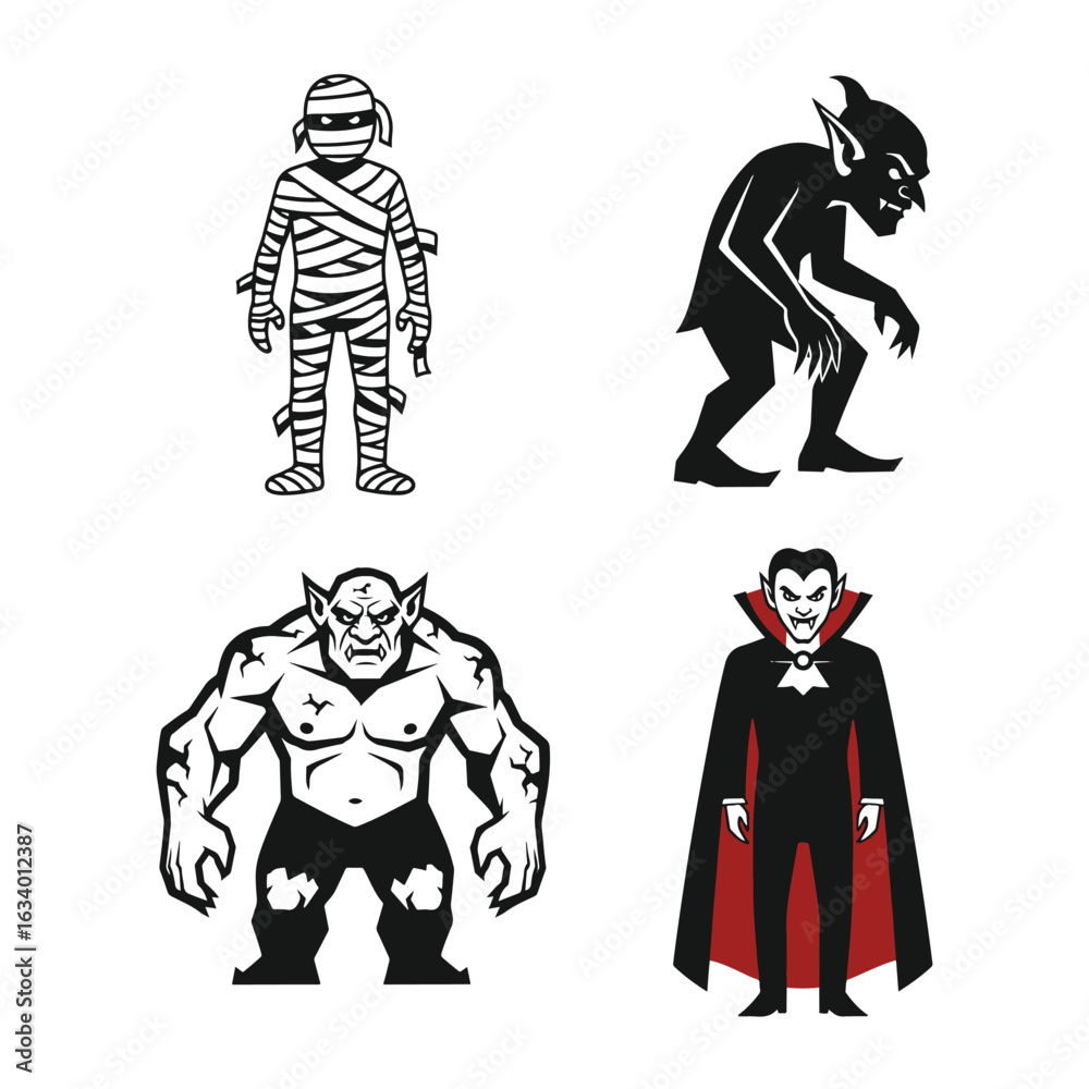 Fototapeta premium Vector art of collection of four classic monsters isolated on white background