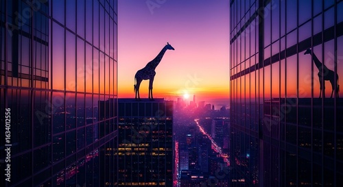  Skyborne Giraffe Amid Neon Skyscrapers