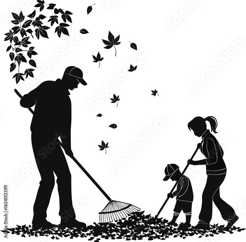 Vector silhouette of family raking autumn