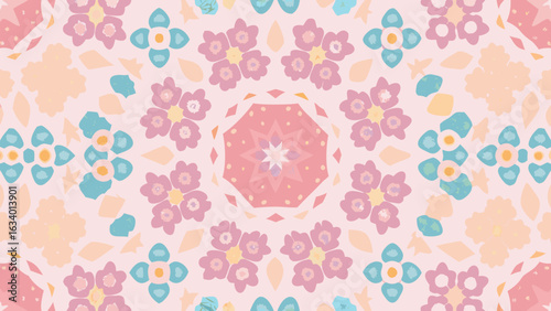 Floral kaleidoscope pattern with soft pastel colors and symmetrical flower arrangements design element