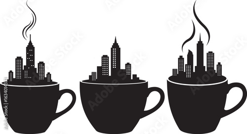 Three coffee cups filled with city skylines and steam silhouette
