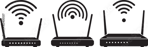 Three wireless routers emitting wi fi signals in a row silhouette