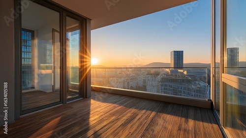 Fototapeta Naklejka Na Ścianę i Meble -  Spacious balcony of rental apartment overlooking city skyline during a stunning sunset view