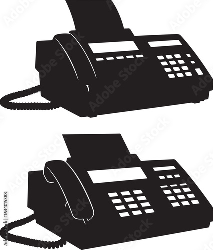 Two black fax machines with paper in the feeder silhouette