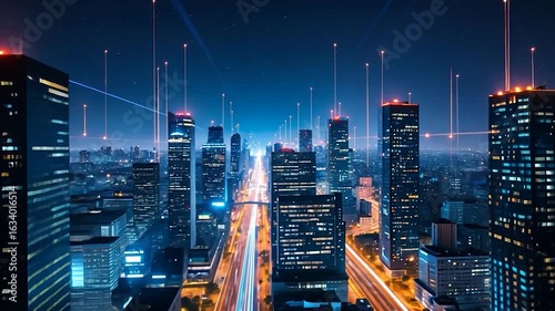 Wallpaper Mural Futuristic Cityscape with Data Lines and Nighttime Traffic Motion. Torontodigital.ca