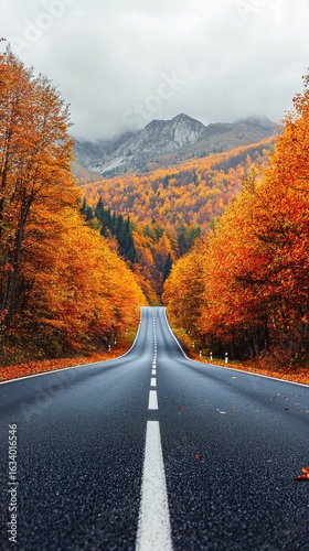 autumn road landscape in beautiful nature travel. autumn colors in mountain road scenery. autumn landscape on the highway in colorful forest. nature trip in fall. highway landscape on fall season.