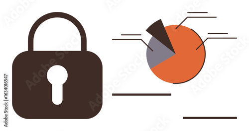 Lock symbol alongside a segmented pie chart representing secured data, analytics, and protection. Ideal for privacy, cybersecurity, data safety, encryption, risk management, secure systems simple