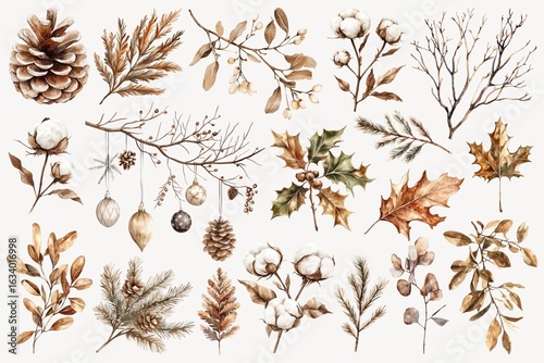 Cozy winter botanical design element set