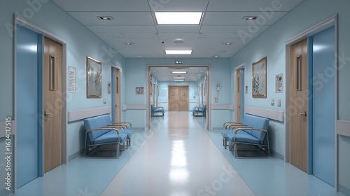 A long, sterile hallway in a medical facility with doors and waiting areas