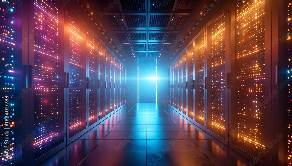 Fototapeta premium Data Center Servers Glowing with Light in Dark Room