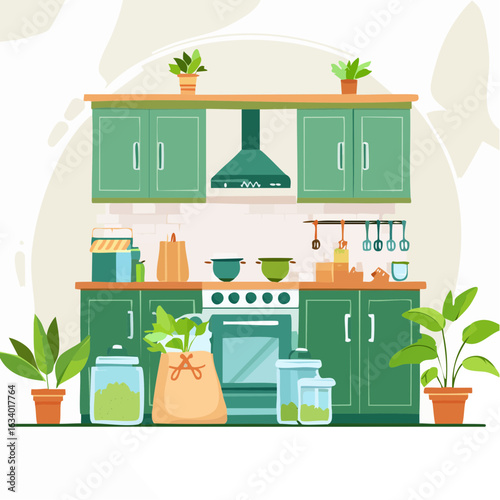 Illustration of a modern home kitchen promoting a zero-waste lifestyle, emphasizing minimalism and sustainability.