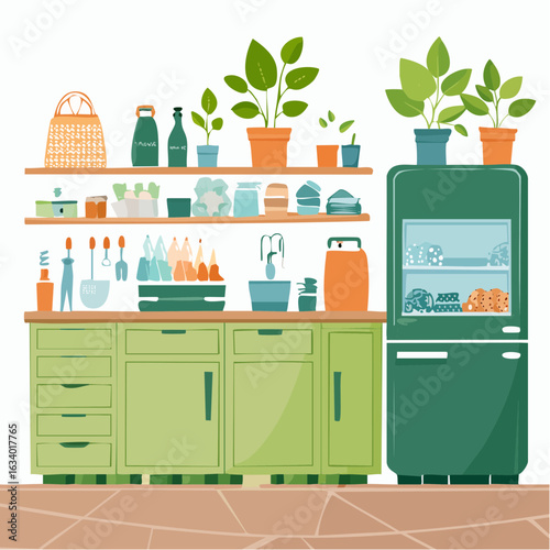 Illustration of a modern home kitchen promoting a zero-waste lifestyle, emphasizing minimalism and sustainability.