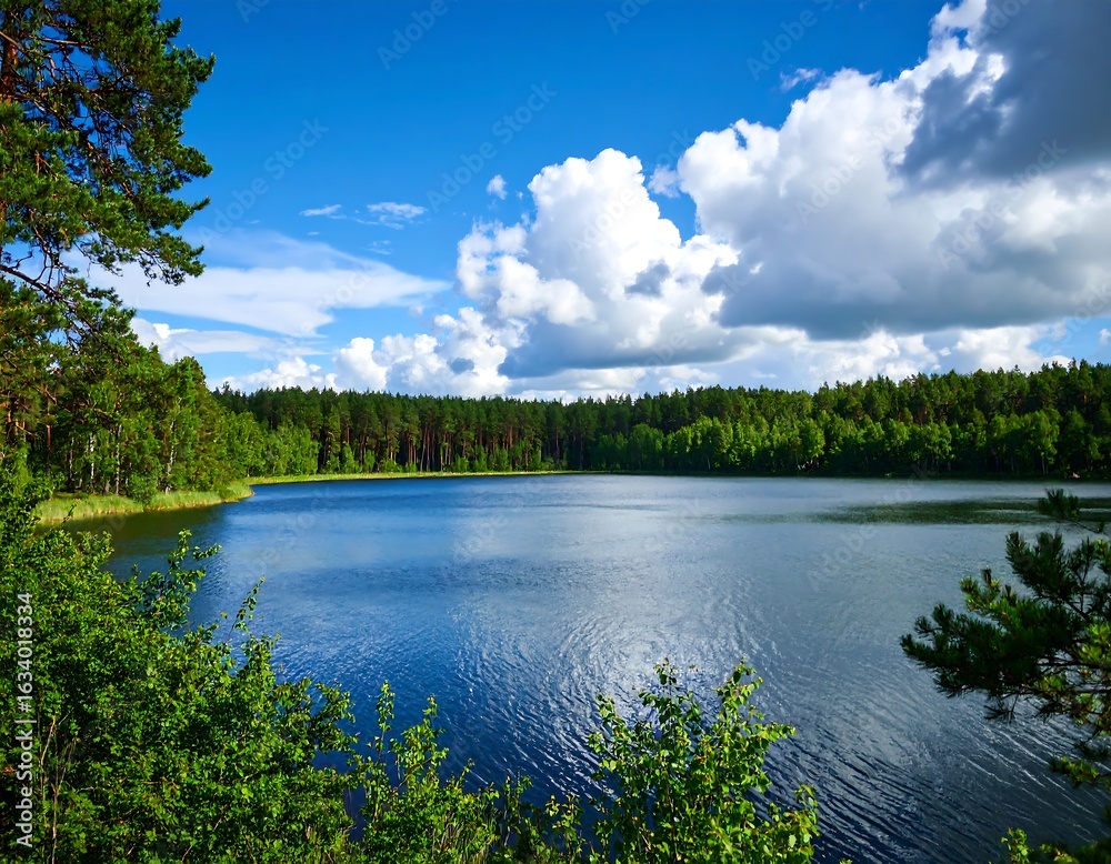 Obraz premium Serene lake with lush forest