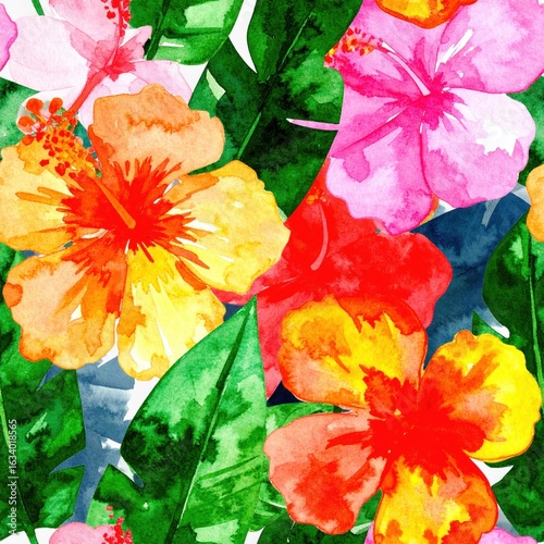 Vibrant watercolor hibiscus flowers and lush green tropical leaves in a repeating pattern Whimsical Floral Repeat