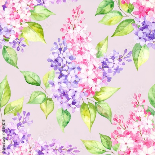 Watercolor pattern of pink and purple lilac flowers with green leaves on a soft pastel background Whimsical Floral Repeat