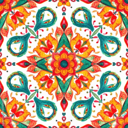 Watercolor floral pattern with red yellow and teal ornamental designs on a white background Whimsical Floral Repeat