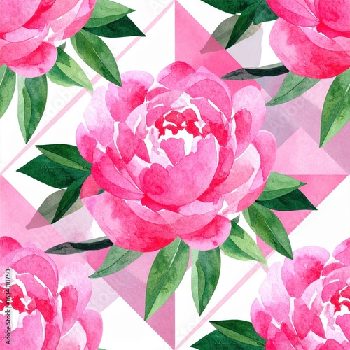Watercolor pink peonies with green leaves against geometric pink and white pattern Whimsical Floral Repeat