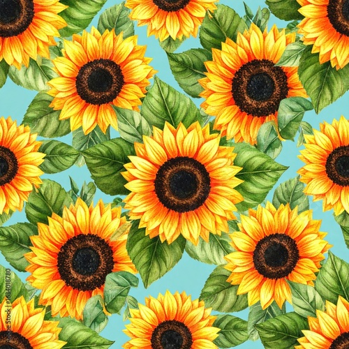 Seamless pattern of bright yellow sunflowers with green leaves on a light blue background Whimsical Floral Repeat