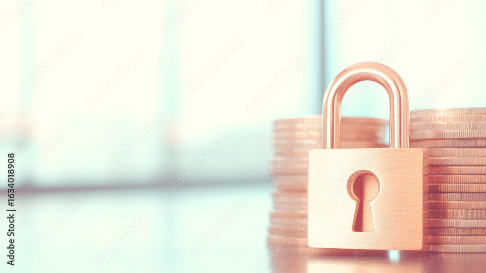 Fototapeta premium Padlock is guarding stack of coins representing financial security, illustrating financial independence and security concept