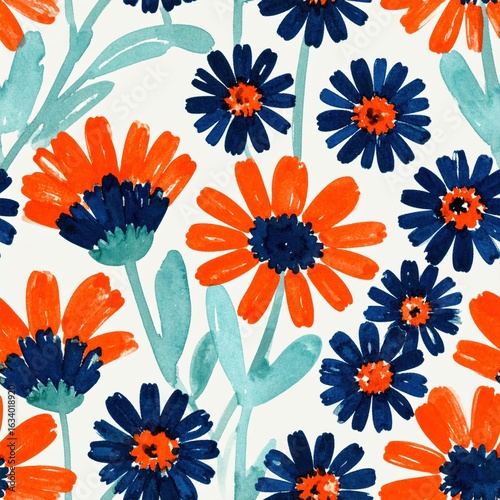 Painted daisies with orange and blue petals and teal green leaves against a white background Whimsical Floral Repeat