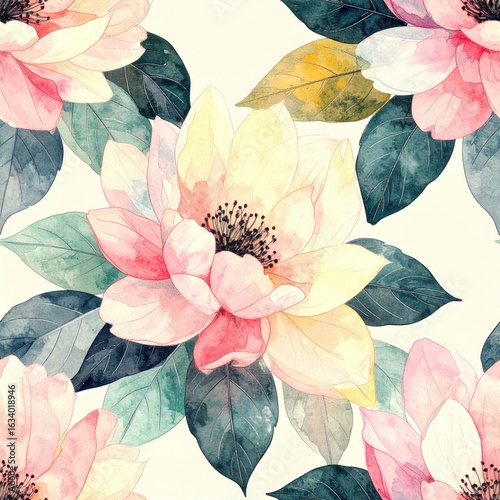 Delicate watercolor floral pattern with blooming magnolias and dark green leaves Whimsical Floral Repeat