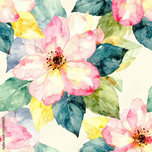 Delicate watercolor painting of blooming pink flowers and green leaves on a light cream background Whimsical Floral Repeat