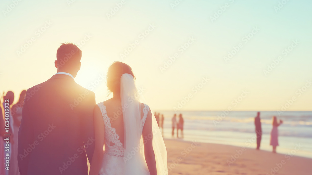 Fototapeta premium Romantic sunset wedding ceremony on a beautiful beach, featuring a happy couple walking towards the ocean with their guests in the background