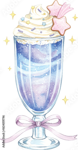 Watercolor Celestial Dream Drink with Whipped Cream and Star Cookie Decoration