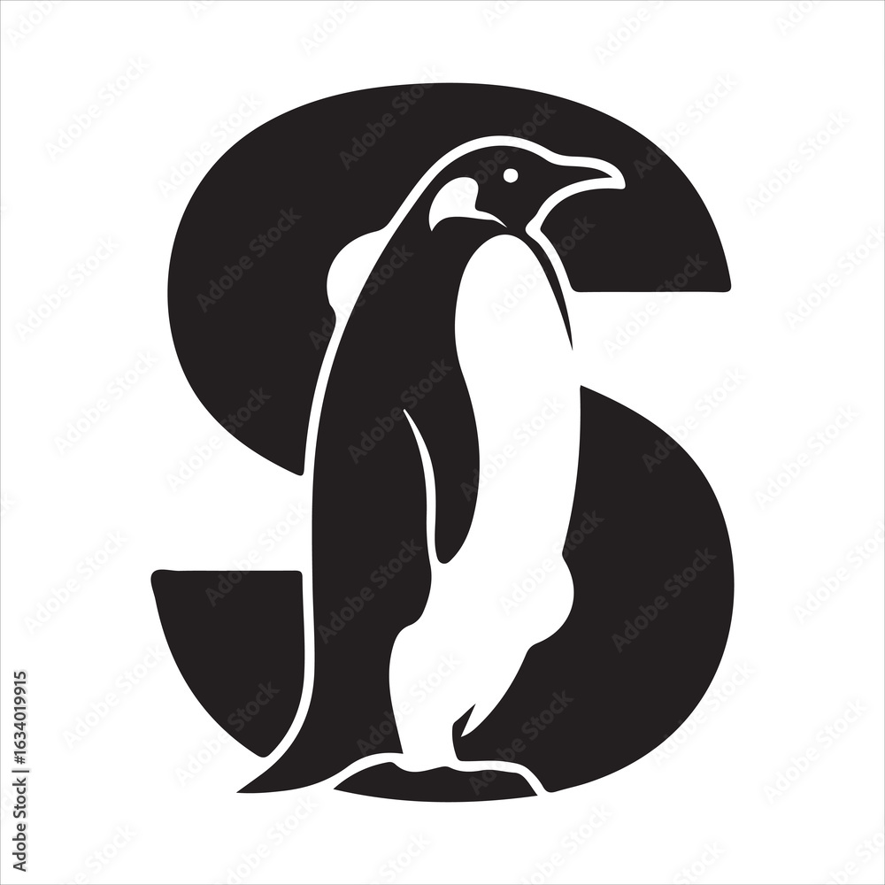 Obraz premium Elegant black and white penguin logo design featuring a stylized letter S and a majestic Emperor penguin illustration