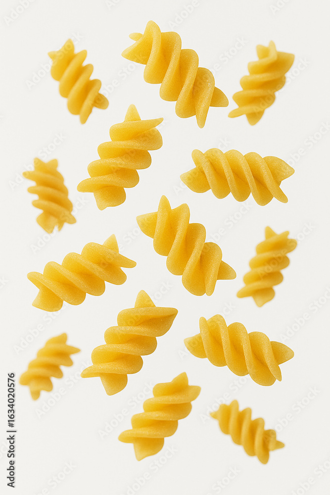 Raw fusilli pasta spirals floating on white background, uncooked twisted Italian noodles levitating for culinary and food styling concept Raw fusilli pasta spirals floating on white background, uncooked twisted Italian noodles levitating for culinary and food styling concept