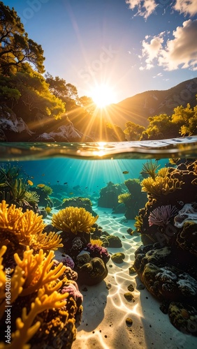 Stunning split-level view of a vibrant coral reef at sunrise.  Sunbeams pierce through the water