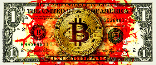 Illegal funds conceptual image: Bitcoin coin and one dollar bill with blood stains 