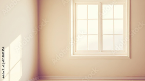 Soft sunlight filtering through sleek window frame, casting warm shadows across minimalist, uncluttered interior space