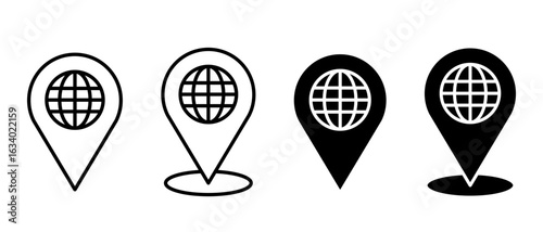 Map pin icon set. GPS navigator pointer with globe symbol