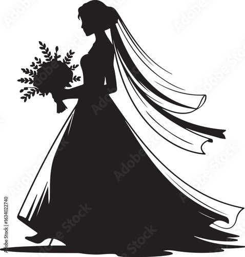 Elegant bride silhouette holding wedding bouquet and veil
