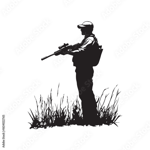 Hunter silhouette, Hunting silhouette vector illustration, a hunter silhouette, Hunter hunting animals in the forest, Black silhouette Hunter, Vector, Hunter with a rifle, Vector illustration